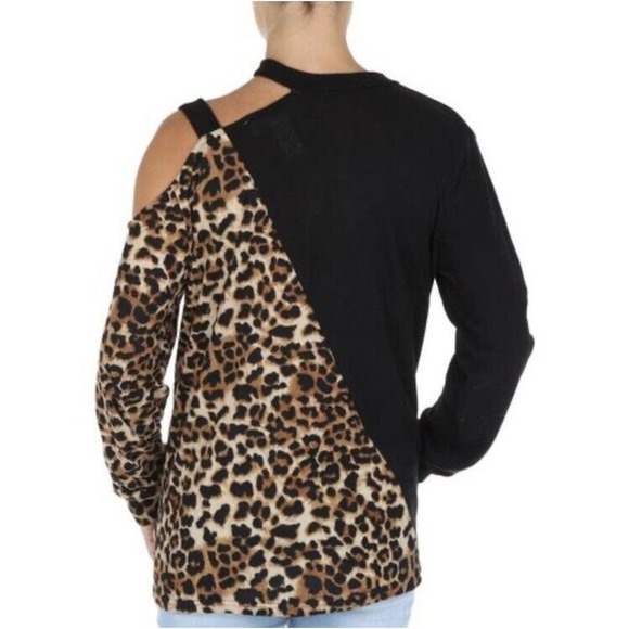 Women's Colorblock Leopard Cold Shoulder Top - Black/Animal Print Size Medium - Picture 3 of 11